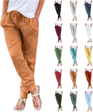 Womens Tapered Pants Cotton Linen Drawstring Elastic Waist Pants Casual Trousers with Pockets Joggers Travel Slacks
