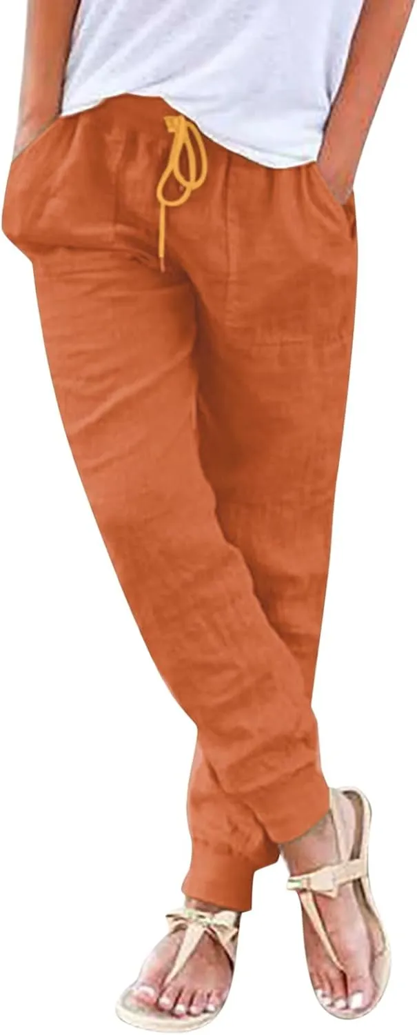 Womens Tapered Pants Cotton Linen Drawstring Elastic Waist Pants Casual Trousers with Pockets Joggers Travel Slacks