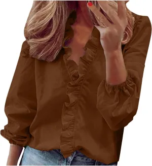 Womens Tops Long Sleeve Loose Fit Ruffle Hem V Neck Solid Button Down Shirt Causal Dressy Blouse Fall Outfits Clothes