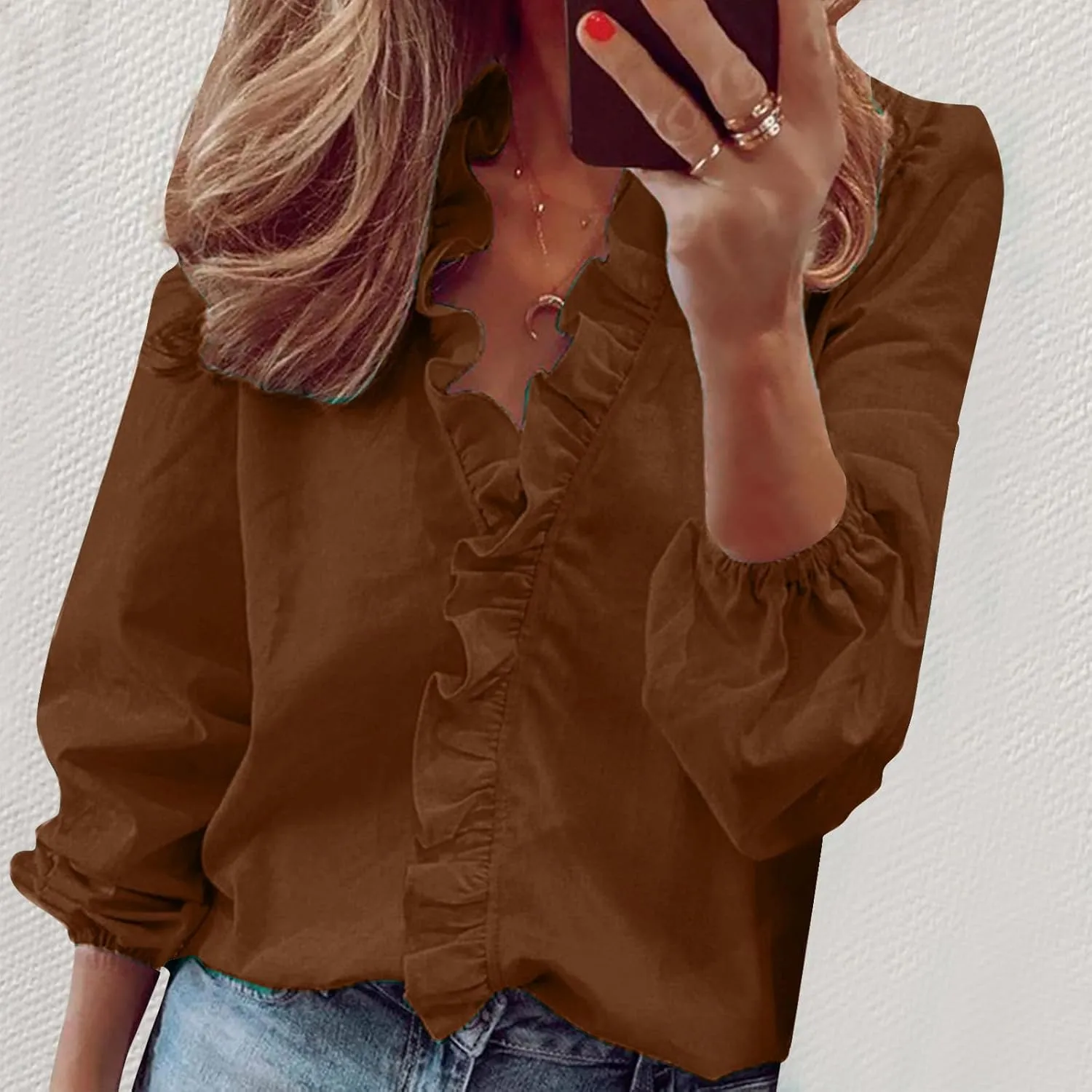 Womens Tops Long Sleeve Loose Fit Ruffle Hem V Neck Solid Button Down Shirt Causal Dressy Blouse Fall Outfits Clothes