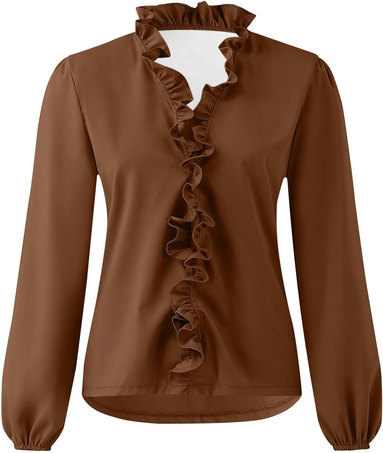 Womens Tops Long Sleeve Loose Fit Ruffle Hem V Neck Solid Button Down Shirt Causal Dressy Blouse Fall Outfits Clothes