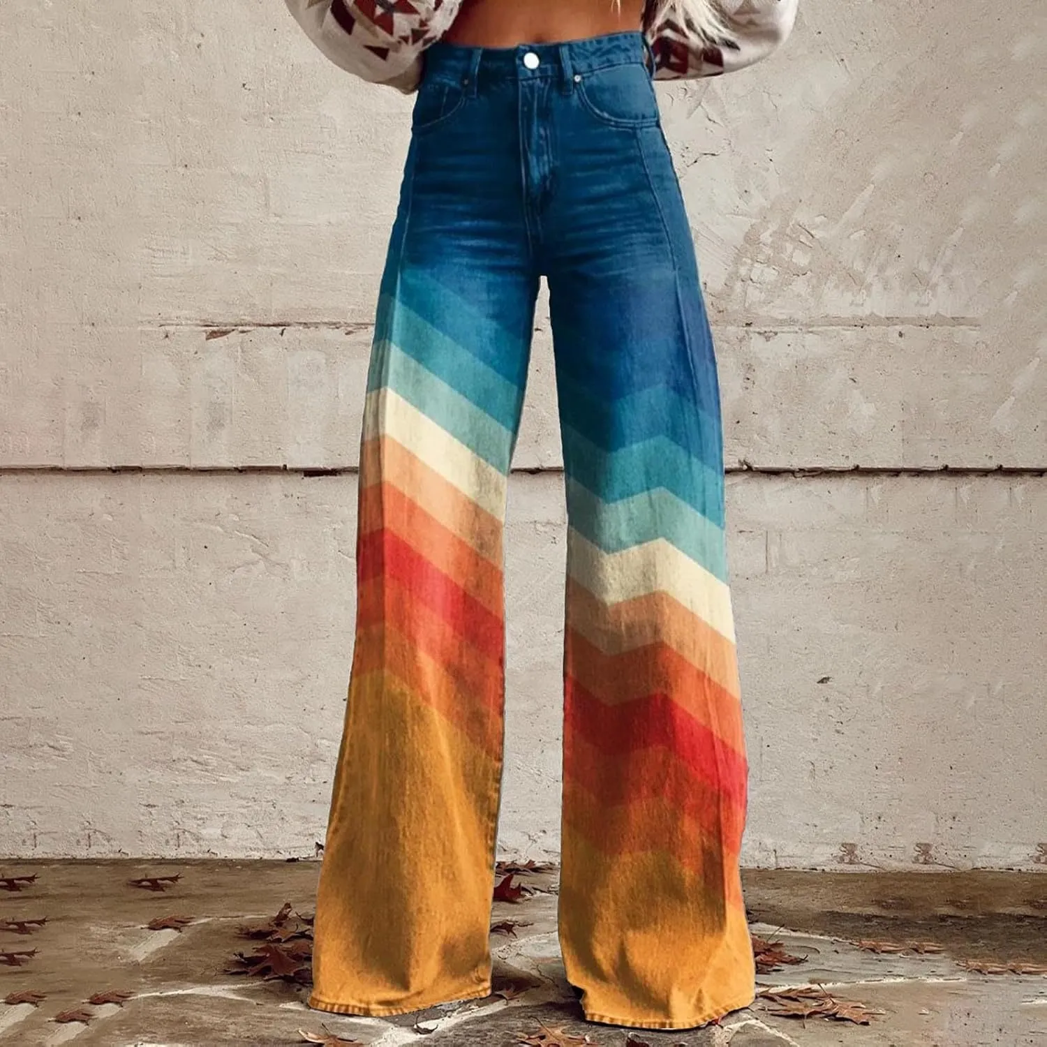 Womens Vintage Wide Leg Fashion High Waisted Casual Denim Pants 90s Floral Printed Pull On Baggy Trousers 2