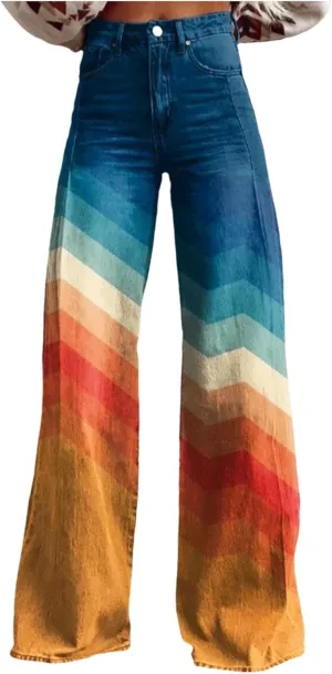 Womens Vintage Wide Leg Fashion High Waisted Casual Denim Pants 90s Floral Printed Pull On Baggy Trousers 2