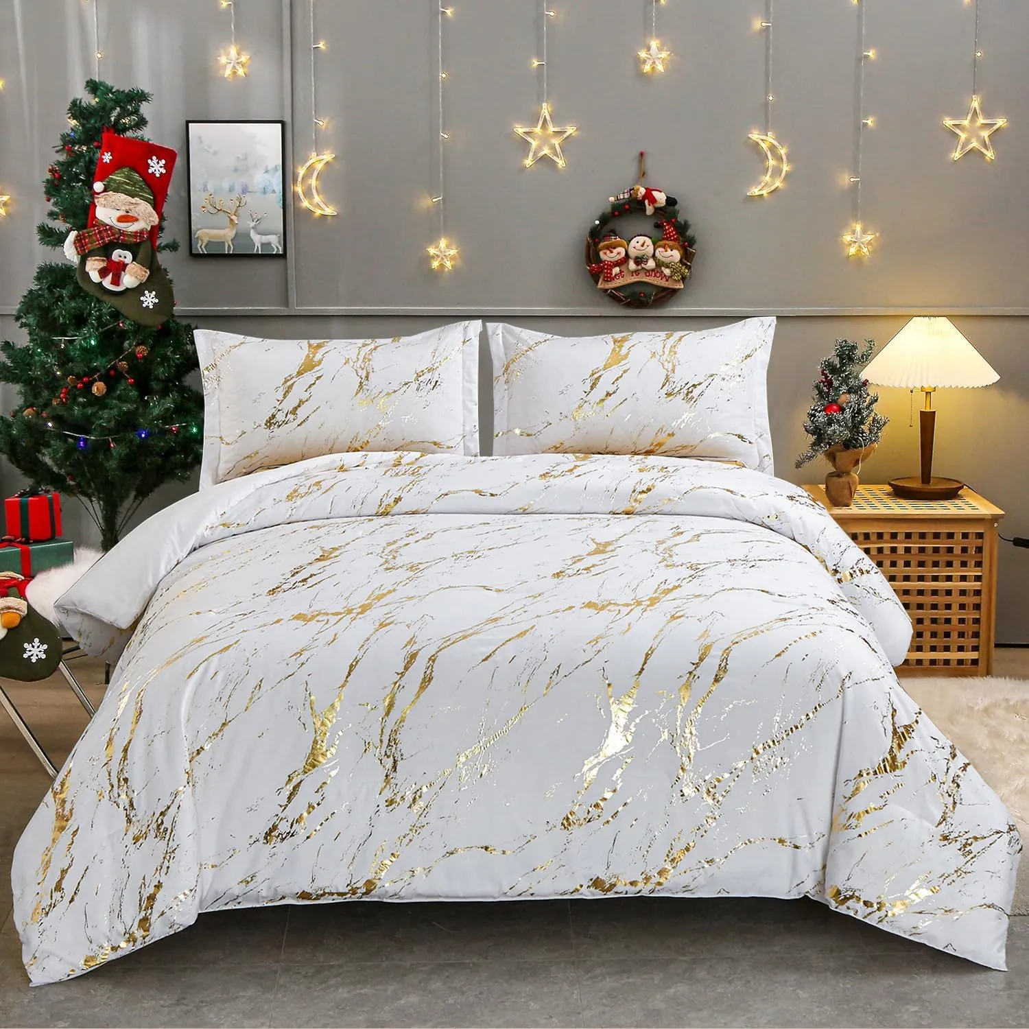 WONGS BEDDING White Gold Metallic Marble Comforter Set Queen Foil Print Glitter Bedding Sets with 2 Pillowcases for All Seasons, Soft Microfiber Filling Bedding Duvet Set 90"x90"