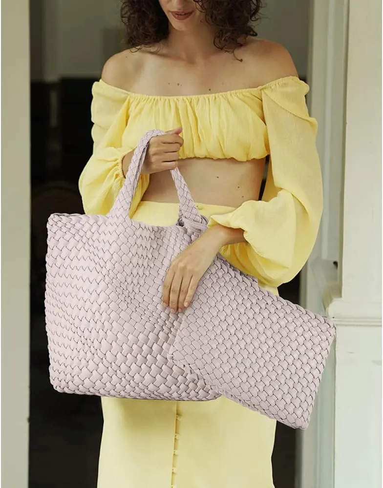 Woven Bag for Women Large Tote Bag with Clutch PU Leather Handwoven Beach Bag Satchel Handmade Casual Purses 2023