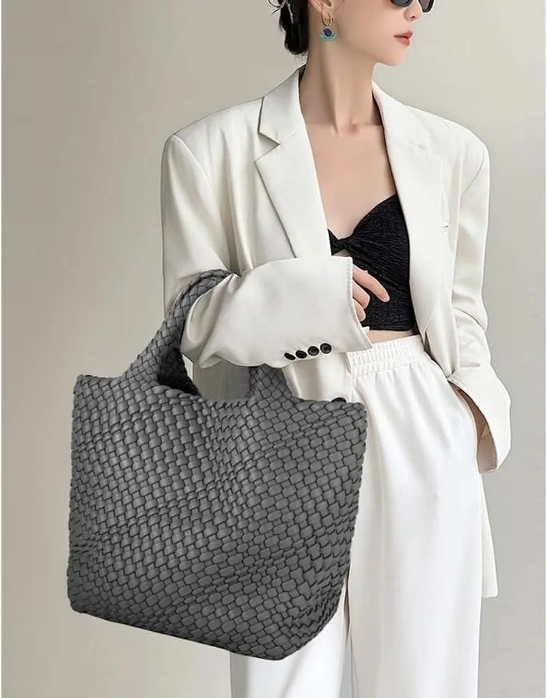 Woven Bag for Women Large Tote Bag with Clutch PU Leather Handwoven Beach Bag Satchel Handmade Casual Purses 2023