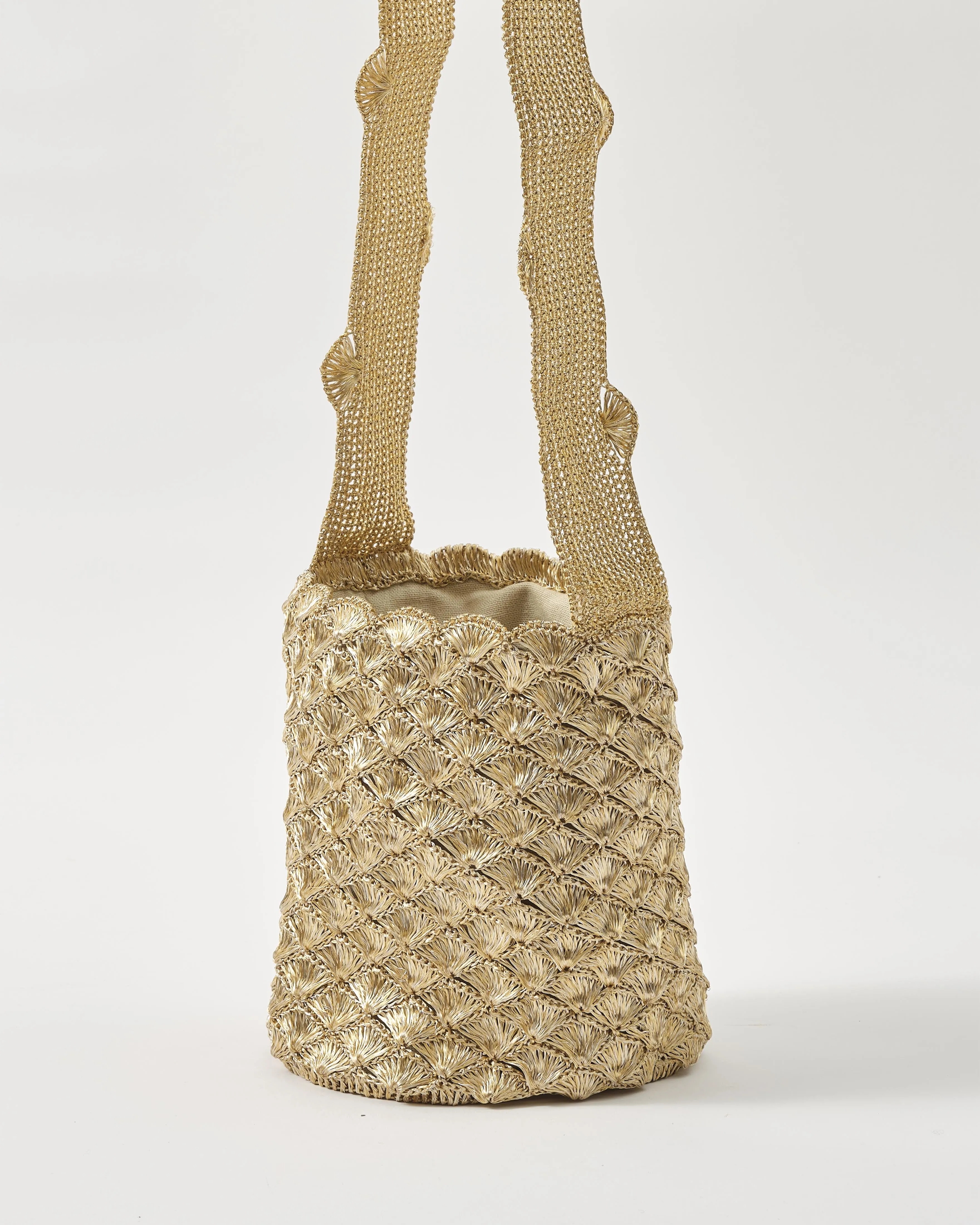 Woven Verdi Seashell Cross Body Bag in Metal Threads, Gold