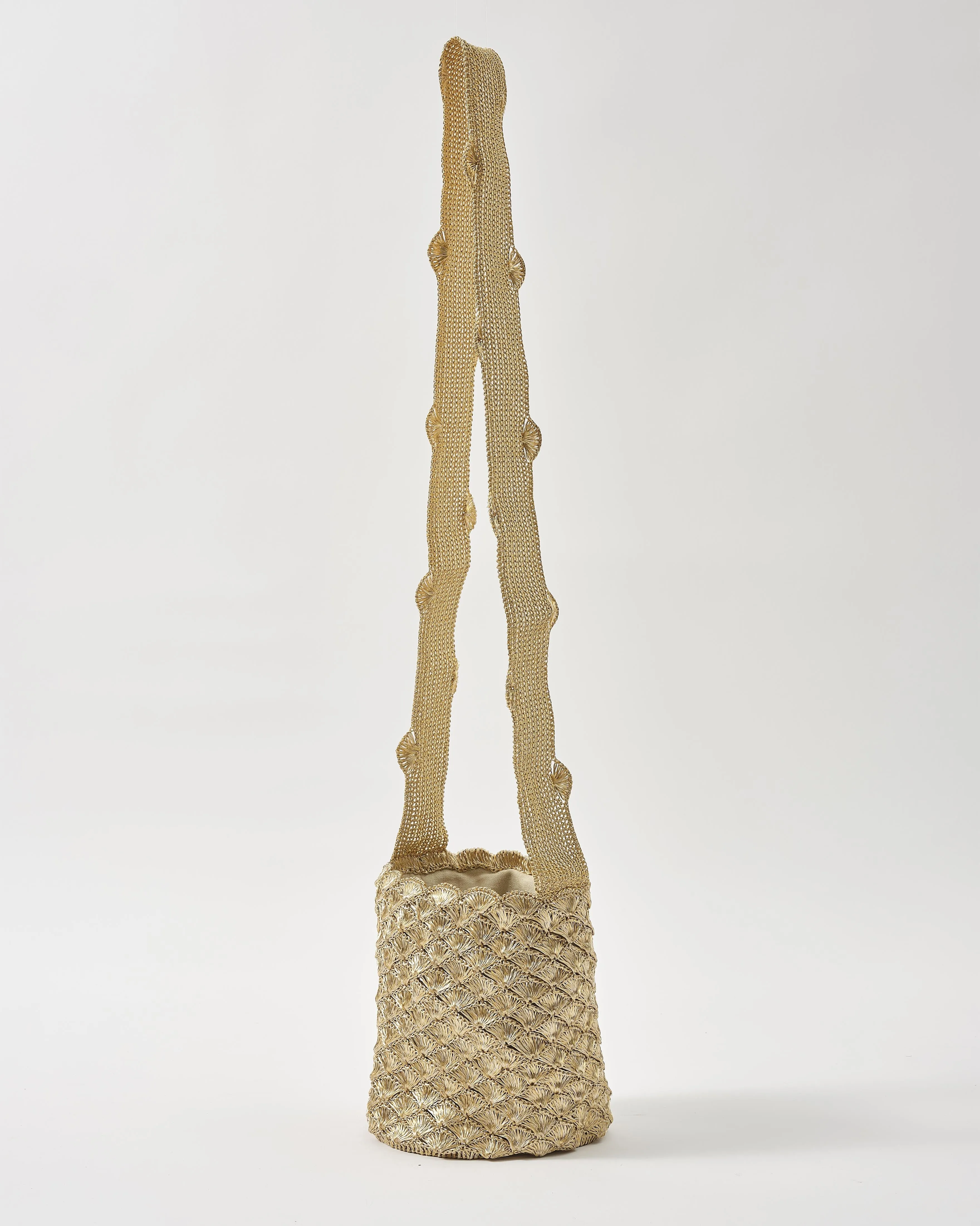 Woven Verdi Seashell Cross Body Bag in Metal Threads, Gold