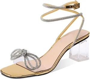 XINIUNIU Clear Bow Heels for Women Rhinestone Heeled Sandals Strap Transparent Crystal Square Toe Block Chunky Heels 2.5 Inch Dress Wedding Shoes