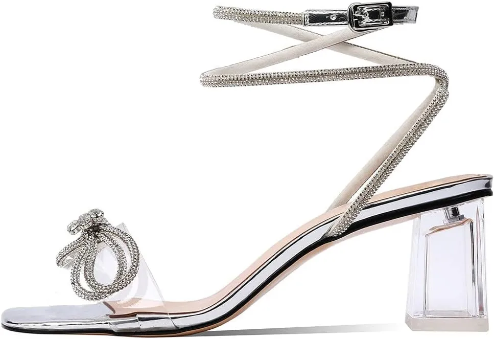 XINIUNIU Clear Bow Heels for Women Rhinestone Heeled Sandals Strap Transparent Crystal Square Toe Block Chunky Heels 2.5 Inch Dress Wedding Shoes