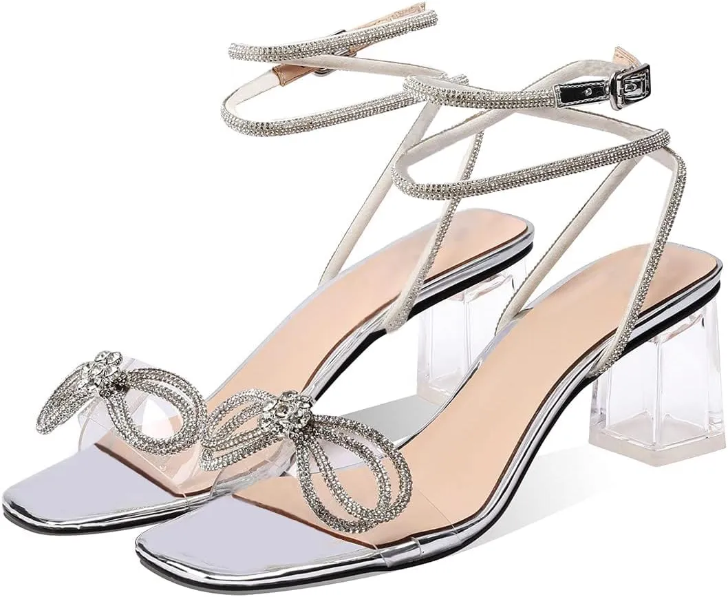 XINIUNIU Clear Bow Heels for Women Rhinestone Heeled Sandals Strap Transparent Crystal Square Toe Block Chunky Heels 2.5 Inch Dress Wedding Shoes