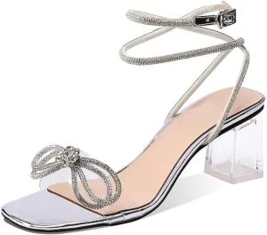 XINIUNIU Clear Bow Heels for Women Rhinestone Heeled Sandals Strap Transparent Crystal Square Toe Block Chunky Heels 2.5 Inch Dress Wedding Shoes