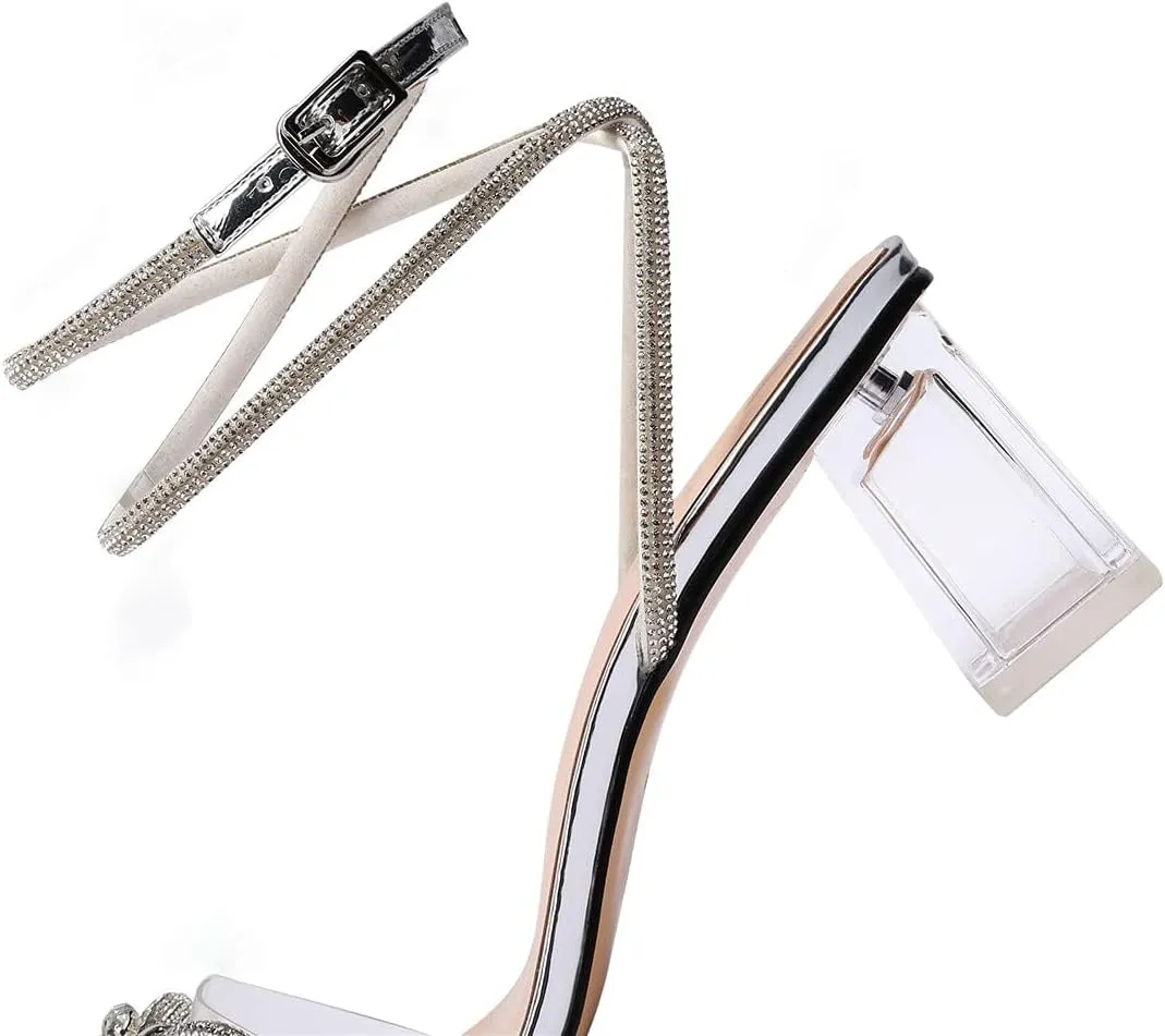 XINIUNIU Clear Bow Heels for Women Rhinestone Heeled Sandals Strap Transparent Crystal Square Toe Block Chunky Heels 2.5 Inch Dress Wedding Shoes