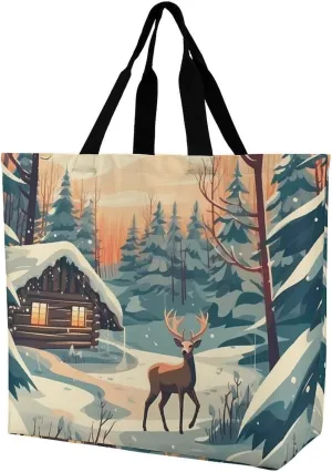 Xmas Deer Cabin Shoulder Bag Large Capacity Shopping Bag Washable Grocery Bag Handbag for Women Men