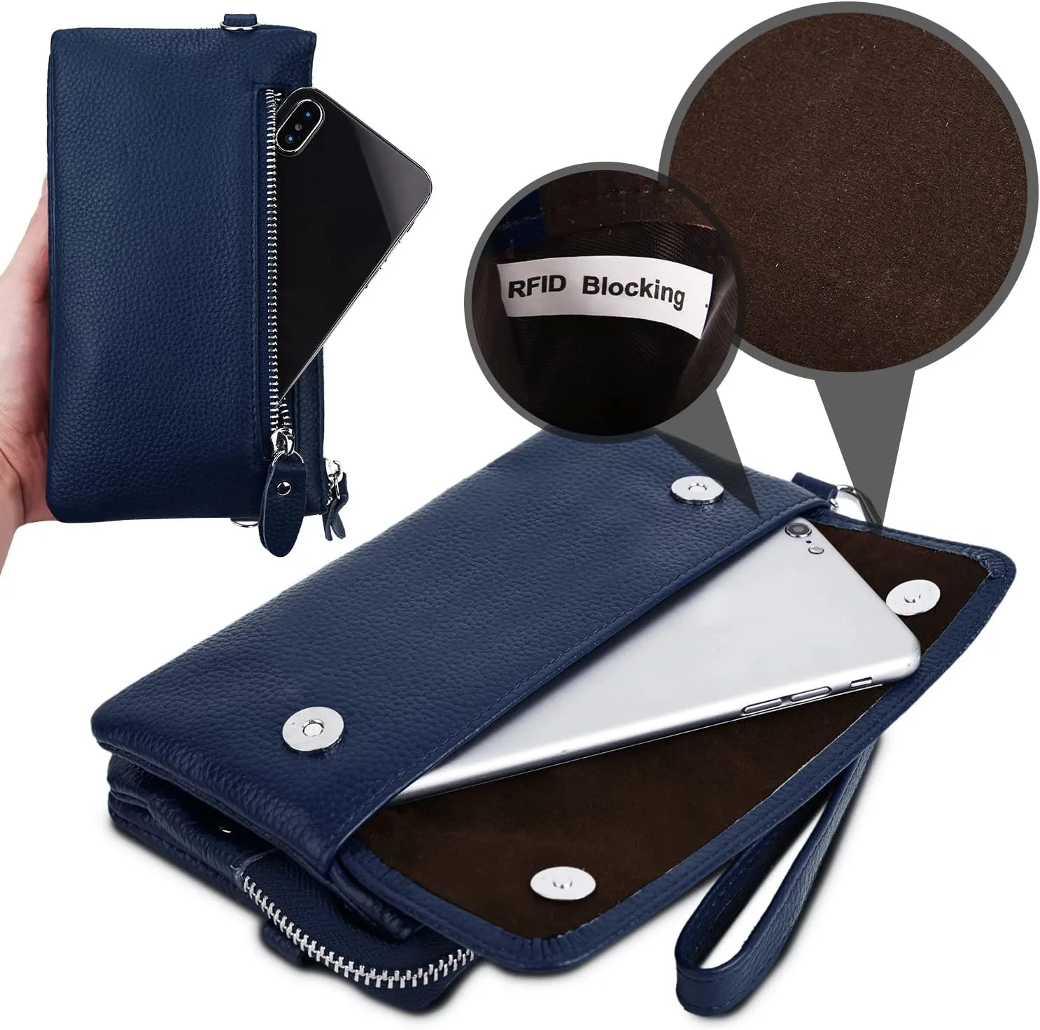 YALUXE Real Leather Wristlet Clutch Handbag Crossbody Bag Cellphone Purse RFID Blocking
