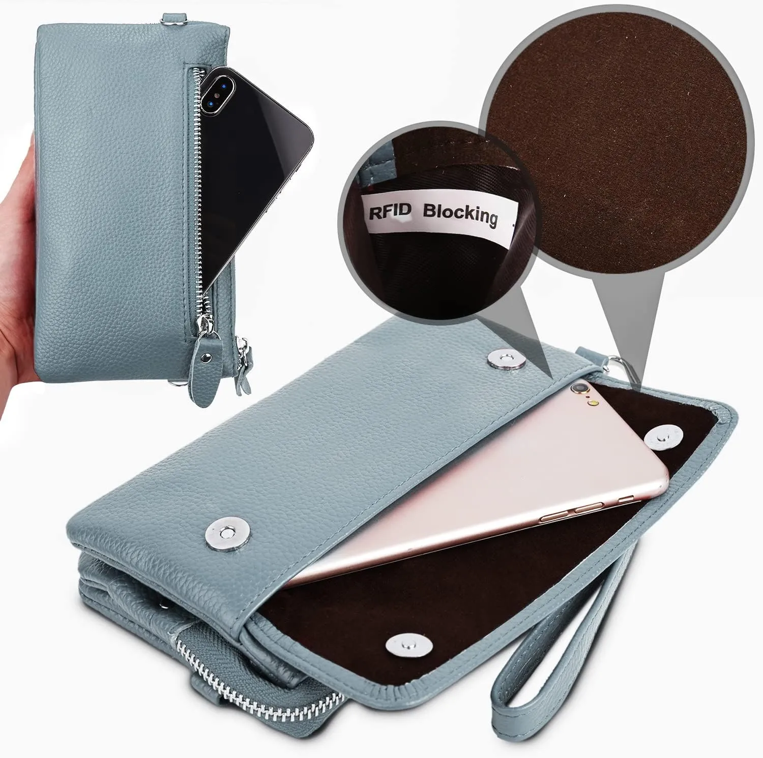 YALUXE Real Leather Wristlet Clutch Handbag Crossbody Bag Cellphone Purse RFID Blocking