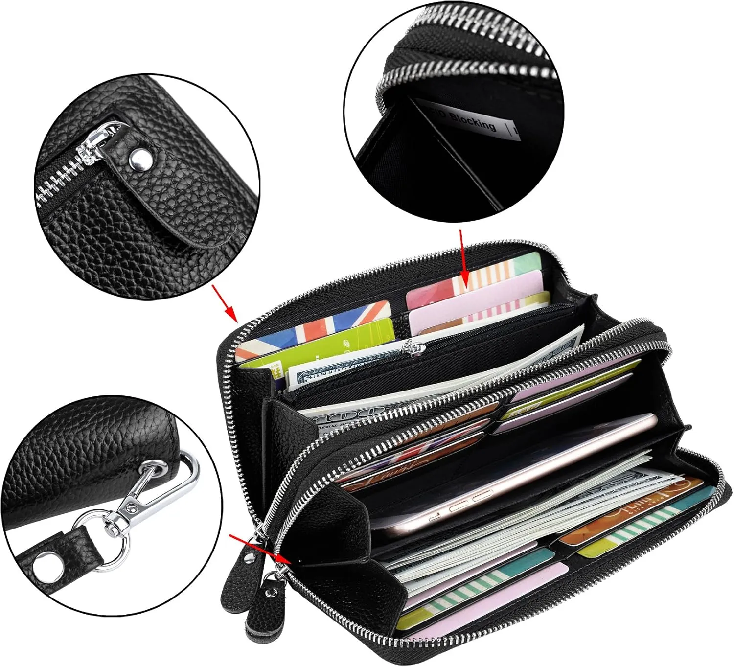 YALUXE Real Leather Zip Around Wallet RFID Blocking Wristlet Handbag Purse Clutch with Double Zipper Pockets