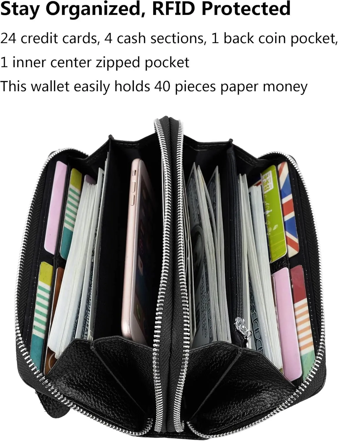 YALUXE Real Leather Zip Around Wallet RFID Blocking Wristlet Handbag Purse Clutch with Double Zipper Pockets