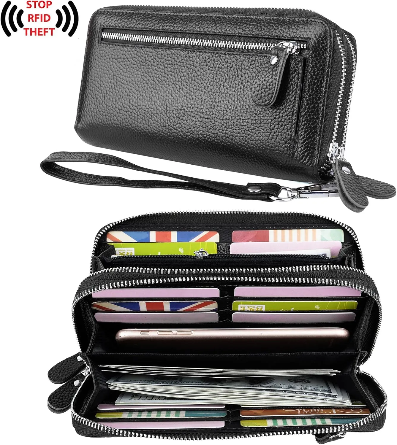 YALUXE Real Leather Zip Around Wallet RFID Blocking Wristlet Handbag Purse Clutch with Double Zipper Pockets
