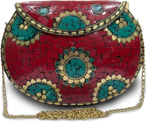 अyashilp Silver Shell Nacre Stone Bag - Ethnic Clutch with Antique Purse Design and Mosaic Metal Purse for Girls/Women