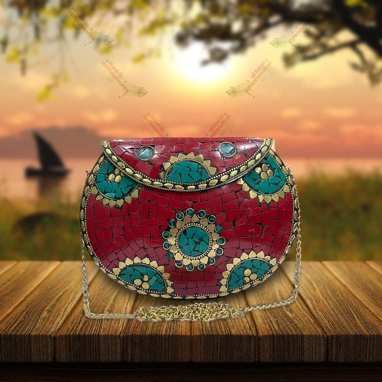 अyashilp Silver Shell Nacre Stone Bag - Ethnic Clutch with Antique Purse Design and Mosaic Metal Purse for Girls/Women