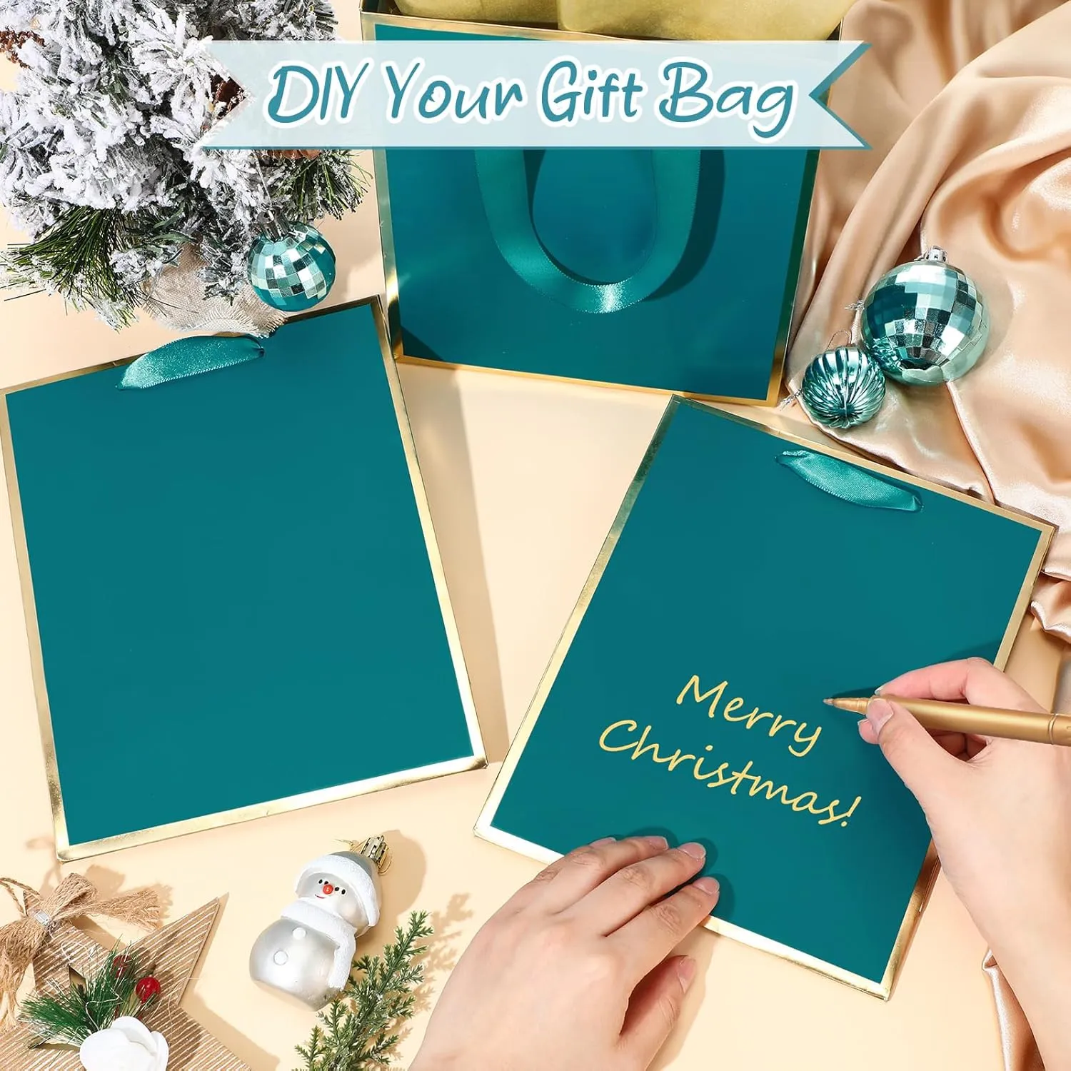 Yeaqee 10 Pack Metallic Paper Gift Bags with Handles Tissue Paper Thank You 5 Senses Gift Bags for Him Her Graduation Baby Shower Wedding Bridal Shower Groomsmen Favor 9 x 7 x 3.15''(Turquoise,Gold)