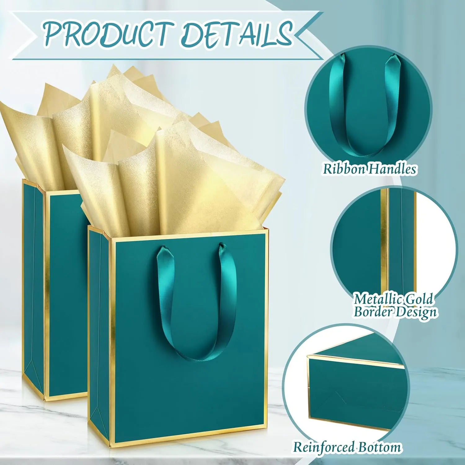 Yeaqee 10 Pack Metallic Paper Gift Bags with Handles Tissue Paper Thank You 5 Senses Gift Bags for Him Her Graduation Baby Shower Wedding Bridal Shower Groomsmen Favor 9 x 7 x 3.15''(Turquoise,Gold)