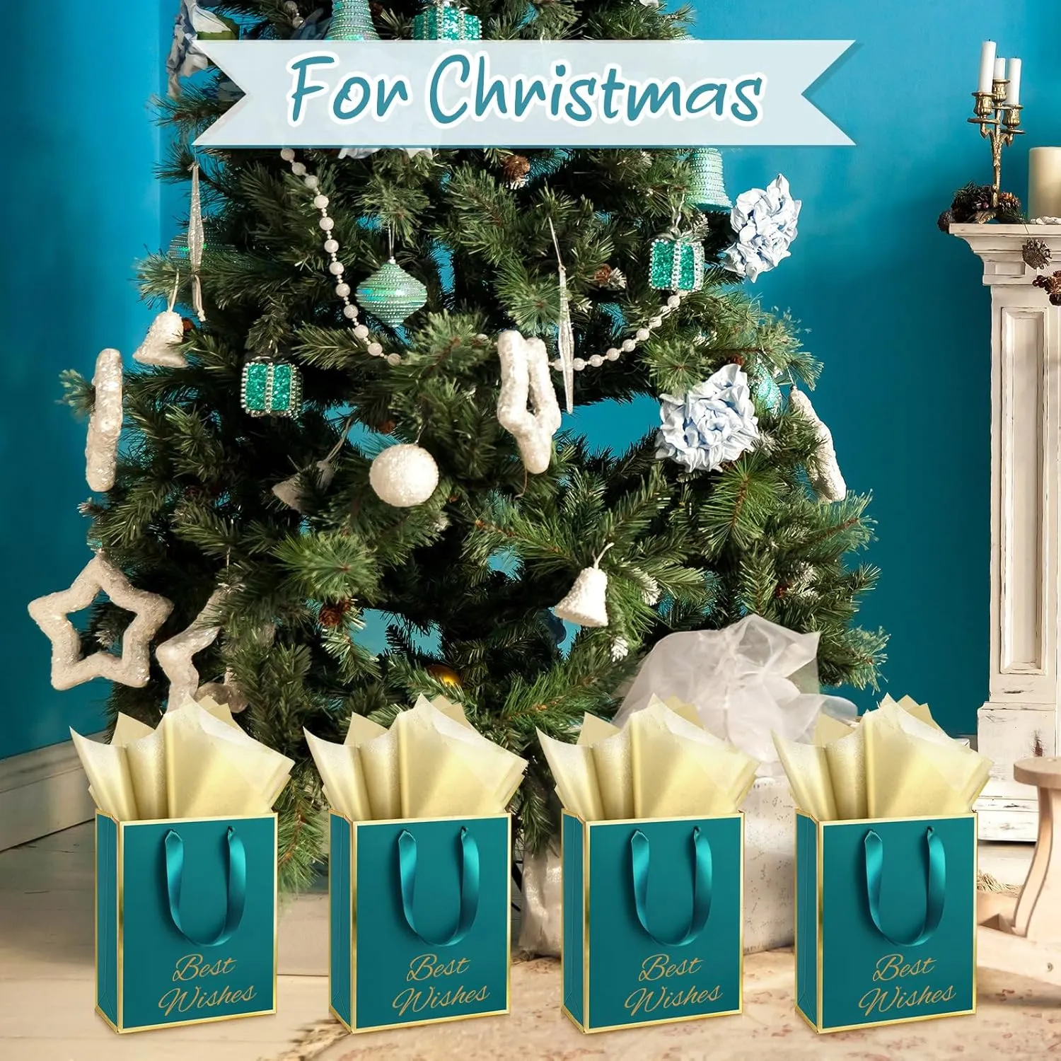 Yeaqee 10 Pack Metallic Paper Gift Bags with Handles Tissue Paper Thank You 5 Senses Gift Bags for Him Her Graduation Baby Shower Wedding Bridal Shower Groomsmen Favor 9 x 7 x 3.15''(Turquoise,Gold)
