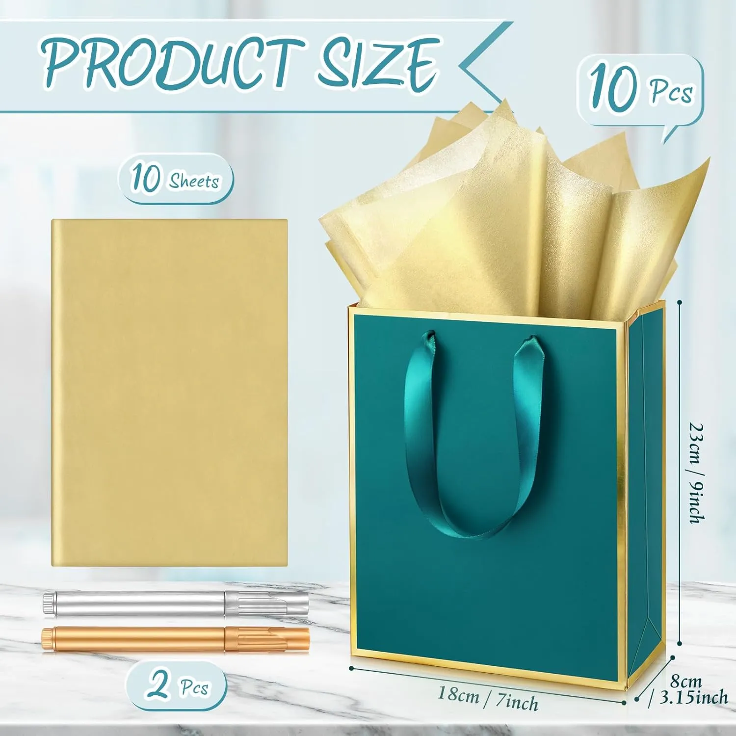 Yeaqee 10 Pack Metallic Paper Gift Bags with Handles Tissue Paper Thank You 5 Senses Gift Bags for Him Her Graduation Baby Shower Wedding Bridal Shower Groomsmen Favor 9 x 7 x 3.15''(Turquoise,Gold)