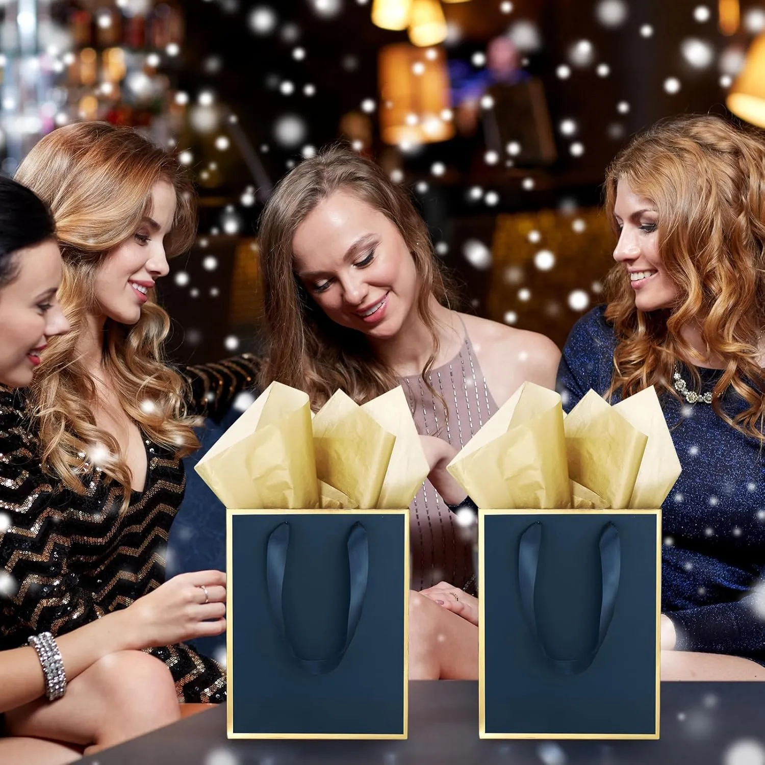 Yeaqee 24 Pack Metallic Paper Gift Bags with Handle and Tissue 9x7x3.1 Welcome Gift Thank You Bags for Wedding Bridal Shower Groomsmen Holidays Birthday Party(Navy Blue, Gold)