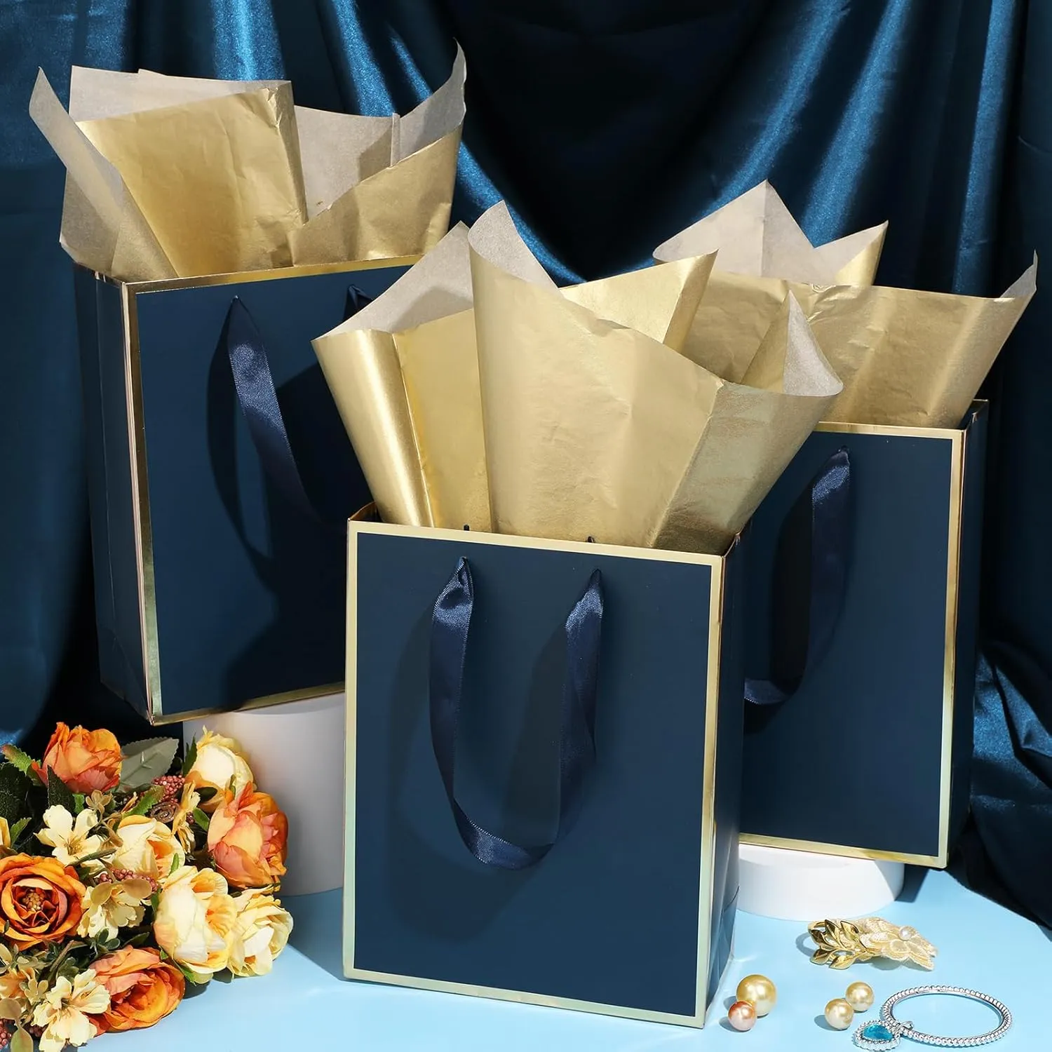 Yeaqee 24 Pack Metallic Paper Gift Bags with Handle and Tissue 9x7x3.1 Welcome Gift Thank You Bags for Wedding Bridal Shower Groomsmen Holidays Birthday Party(Navy Blue, Gold)