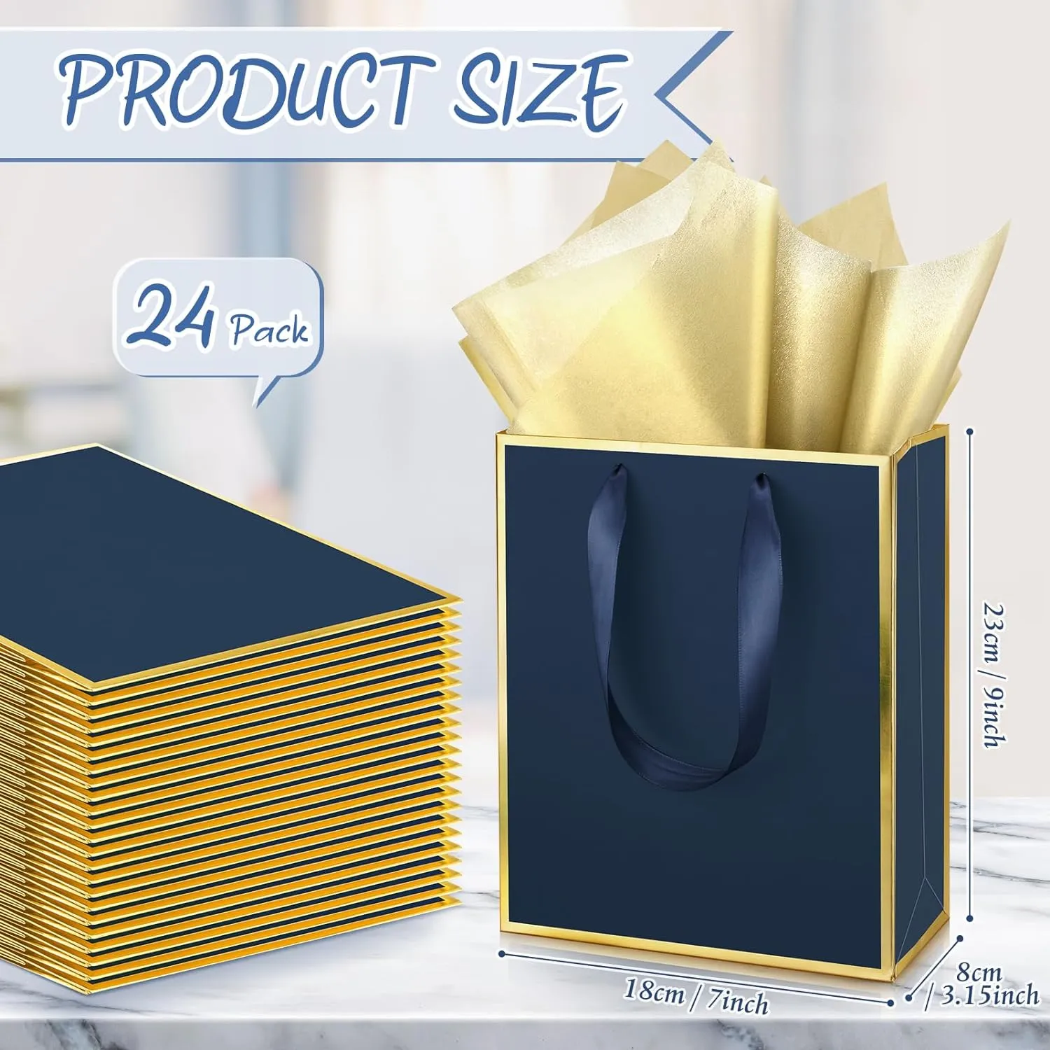 Yeaqee 24 Pack Metallic Paper Gift Bags with Handle and Tissue 9x7x3.1 Welcome Gift Thank You Bags for Wedding Bridal Shower Groomsmen Holidays Birthday Party(Navy Blue, Gold)