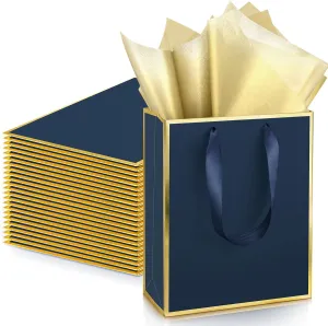 Yeaqee 24 Pack Metallic Paper Gift Bags with Handle and Tissue 9x7x3.1 Welcome Gift Thank You Bags for Wedding Bridal Shower Groomsmen Holidays Birthday Party(Navy Blue, Gold)