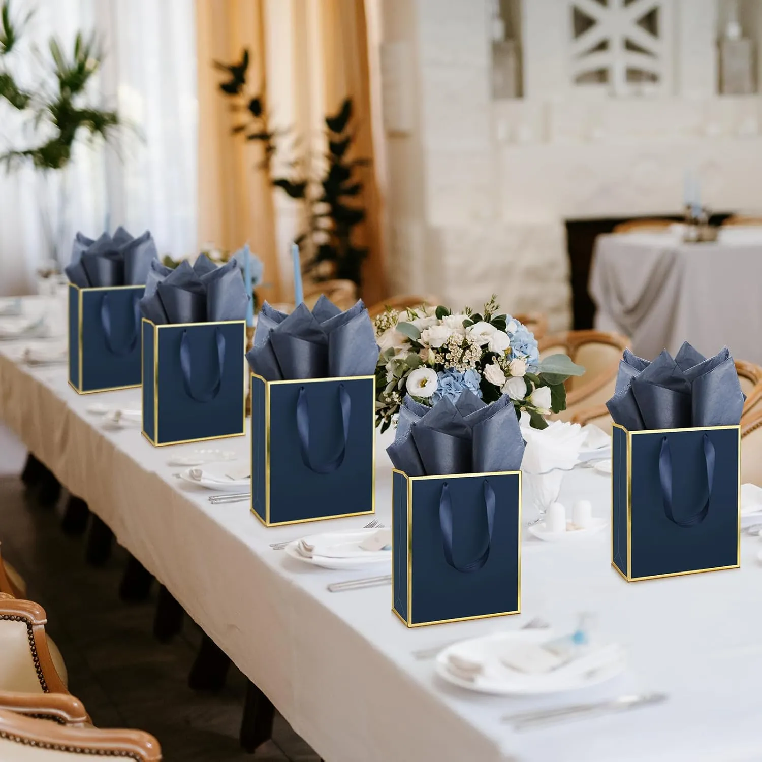 Yeaqee 50 Pack Metallic Gift Bags with Handle and Tissue Paper for Wedding Graduation Holiday Bridesmaid Thank You 5 Senses Gift Bag for Her Him Birthday 9 x 7 x 3.15''(Navy Blue and Gold)