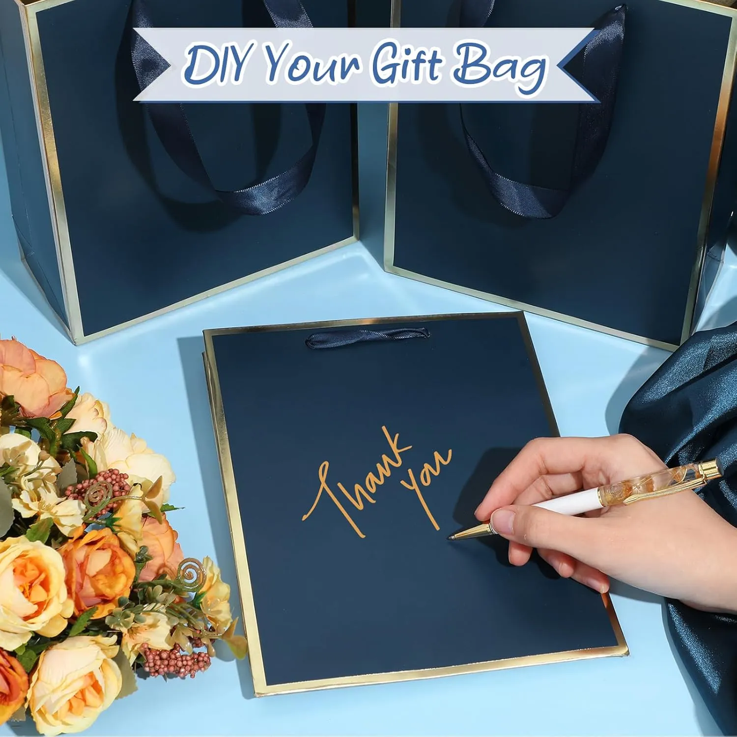 Yeaqee 50 Pack Metallic Gift Bags with Handle and Tissue Paper for Wedding Graduation Holiday Bridesmaid Thank You 5 Senses Gift Bag for Her Him Birthday 9 x 7 x 3.15''(Navy Blue and Gold)