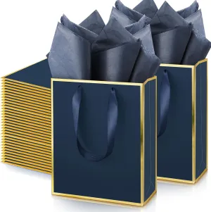 Yeaqee 50 Pack Metallic Gift Bags with Handle and Tissue Paper for Wedding Graduation Holiday Bridesmaid Thank You 5 Senses Gift Bag for Her Him Birthday 9 x 7 x 3.15''(Navy Blue and Gold)