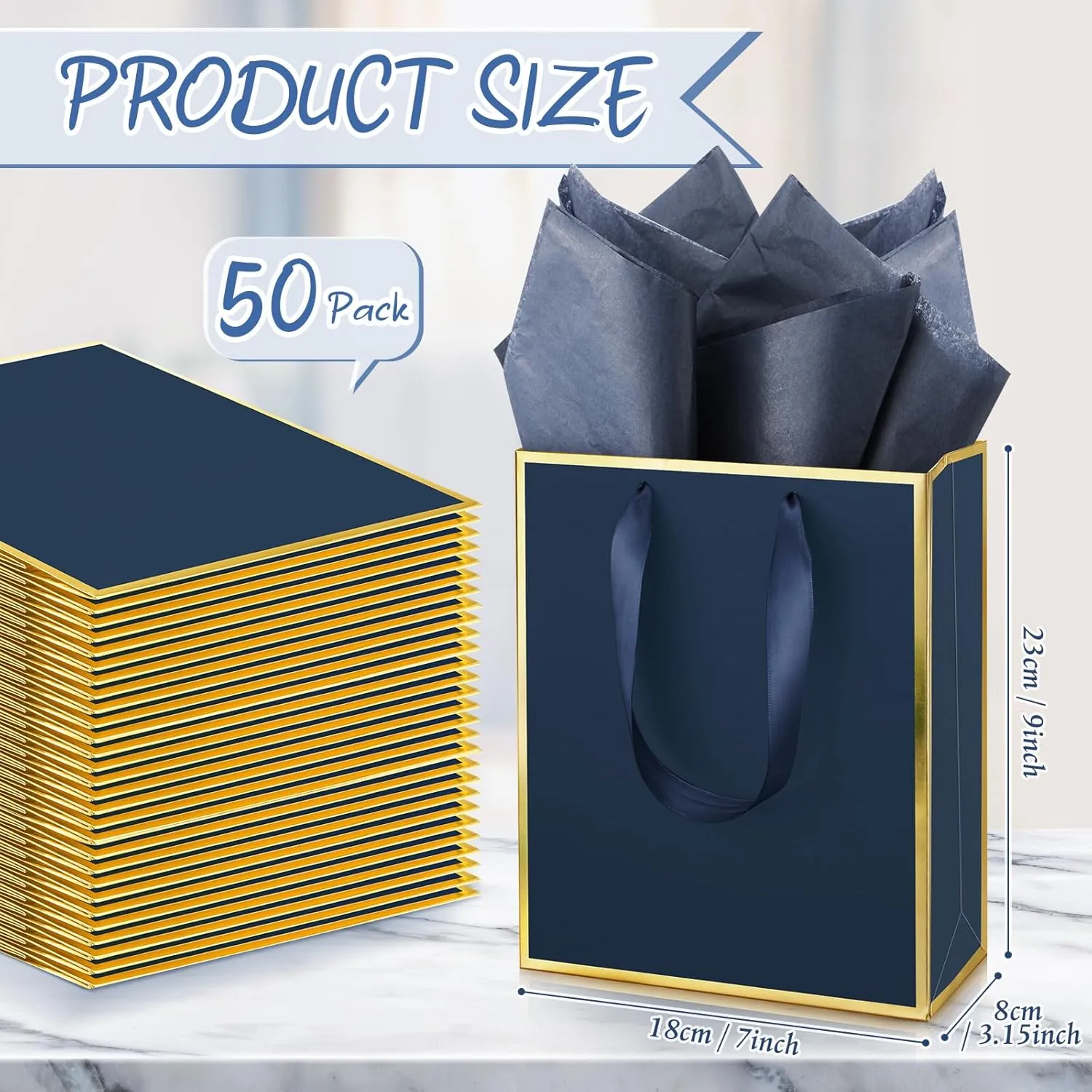 Yeaqee 50 Pack Metallic Gift Bags with Handle and Tissue Paper for Wedding Graduation Holiday Bridesmaid Thank You 5 Senses Gift Bag for Her Him Birthday 9 x 7 x 3.15''(Navy Blue and Gold)