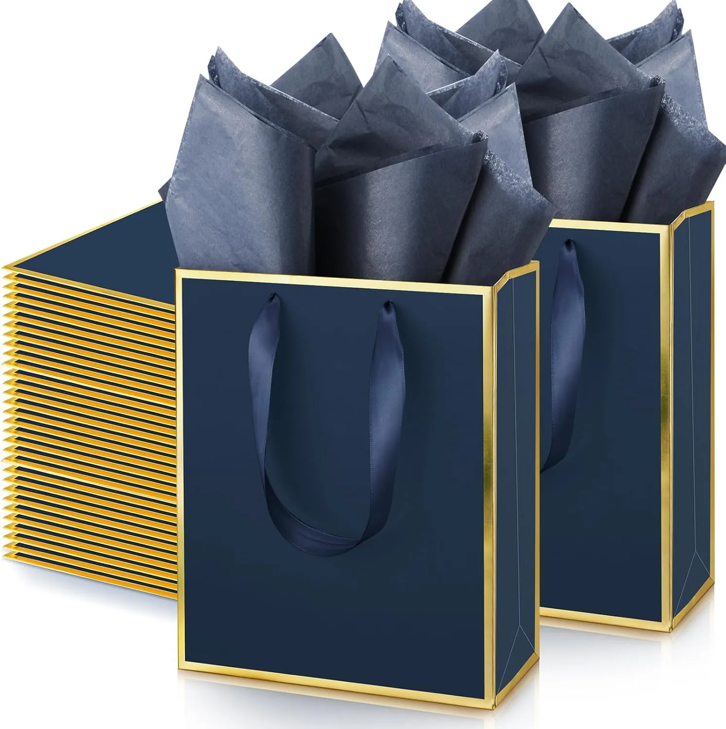 Yeaqee 50 Pack Metallic Gift Bags with Handle and Tissue Paper for Wedding Graduation Holiday Bridesmaid Thank You 5 Senses Gift Bag for Her Him Birthday 9 x 7 x 3.15''(Navy Blue and Gold)