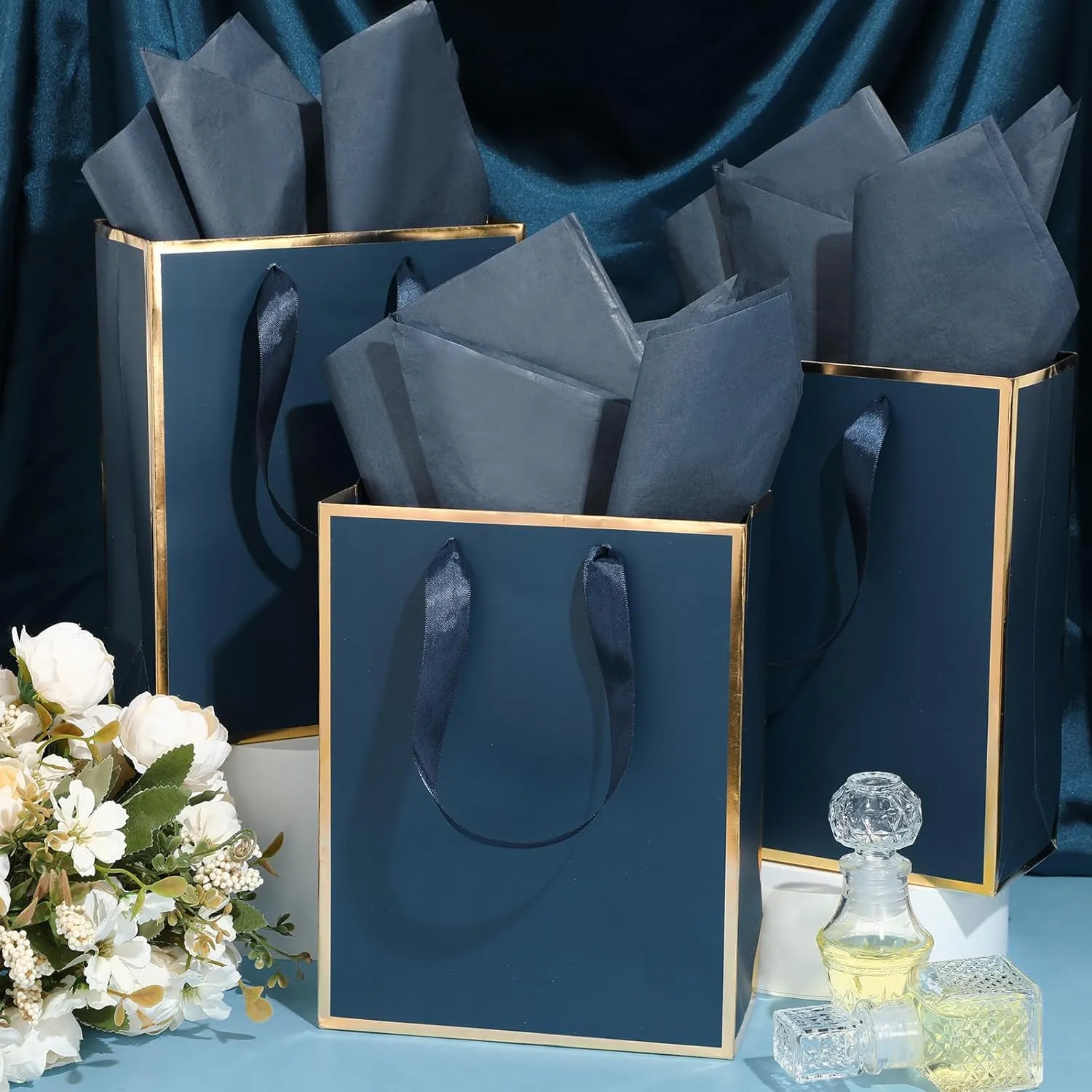Yeaqee 50 Pack Metallic Gift Bags with Handle and Tissue Paper for Wedding Graduation Holiday Bridesmaid Thank You 5 Senses Gift Bag for Her Him Birthday 9 x 7 x 3.15''(Navy Blue and Gold)