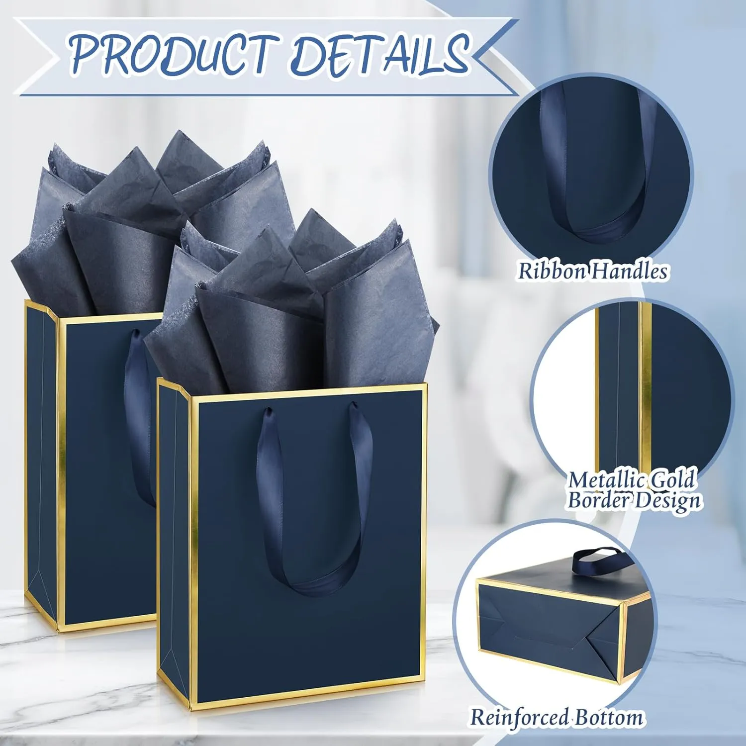 Yeaqee 50 Pack Metallic Gift Bags with Handle and Tissue Paper for Wedding Graduation Holiday Bridesmaid Thank You 5 Senses Gift Bag for Her Him Birthday 9 x 7 x 3.15''(Navy Blue and Gold)