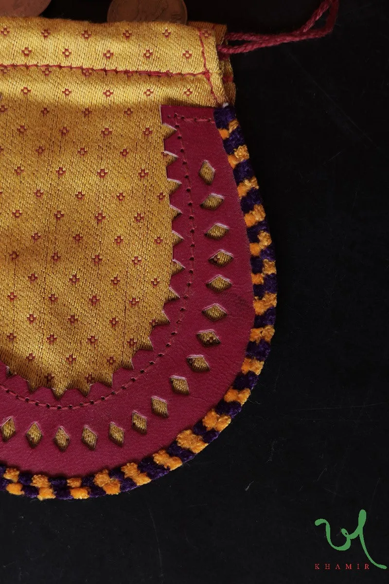 Yellow and Maroon Traditional Mashru Drawstring Potli Coin Pouch