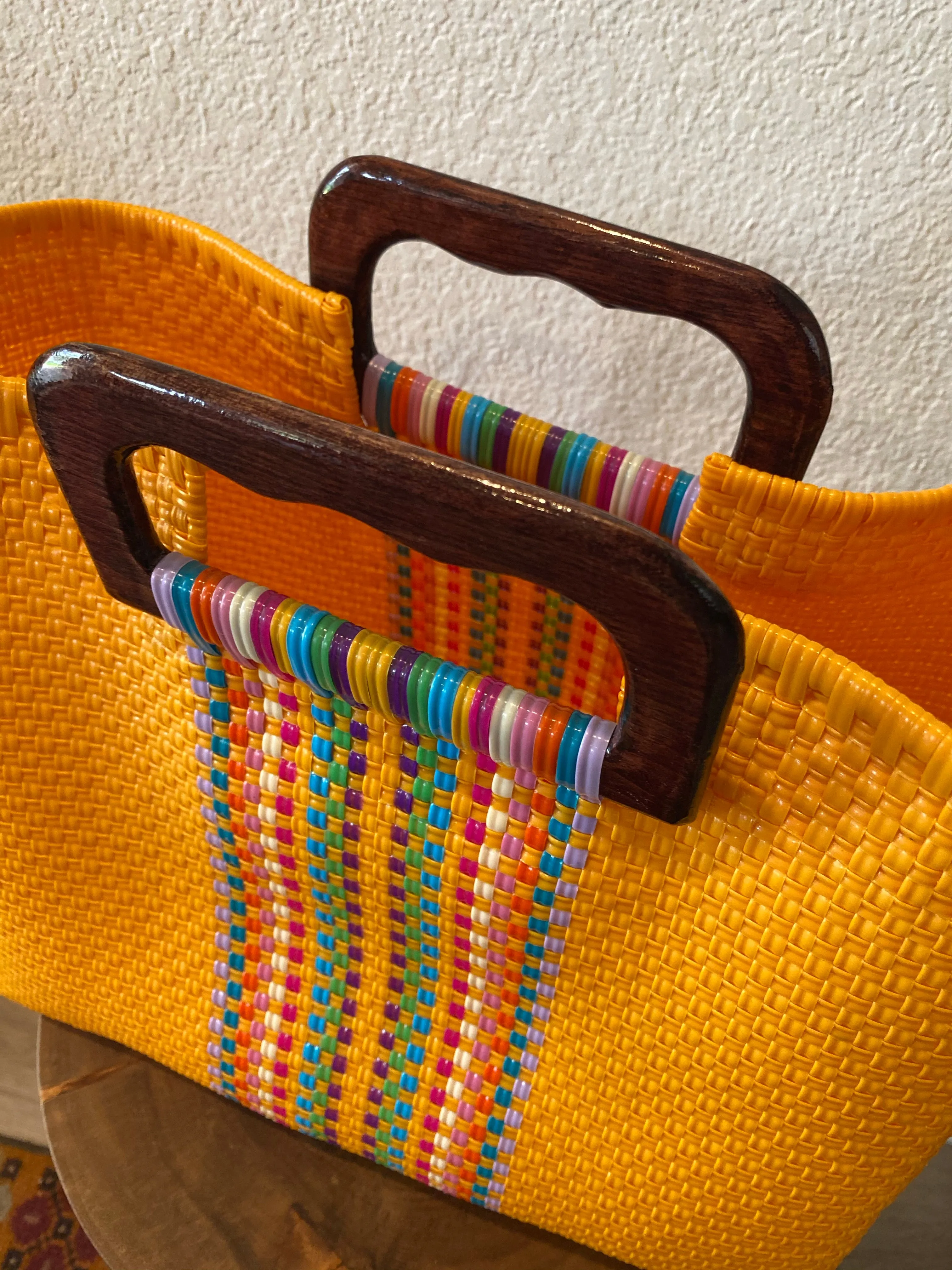 Yellow with Multi Wood-Handled Woven Tote