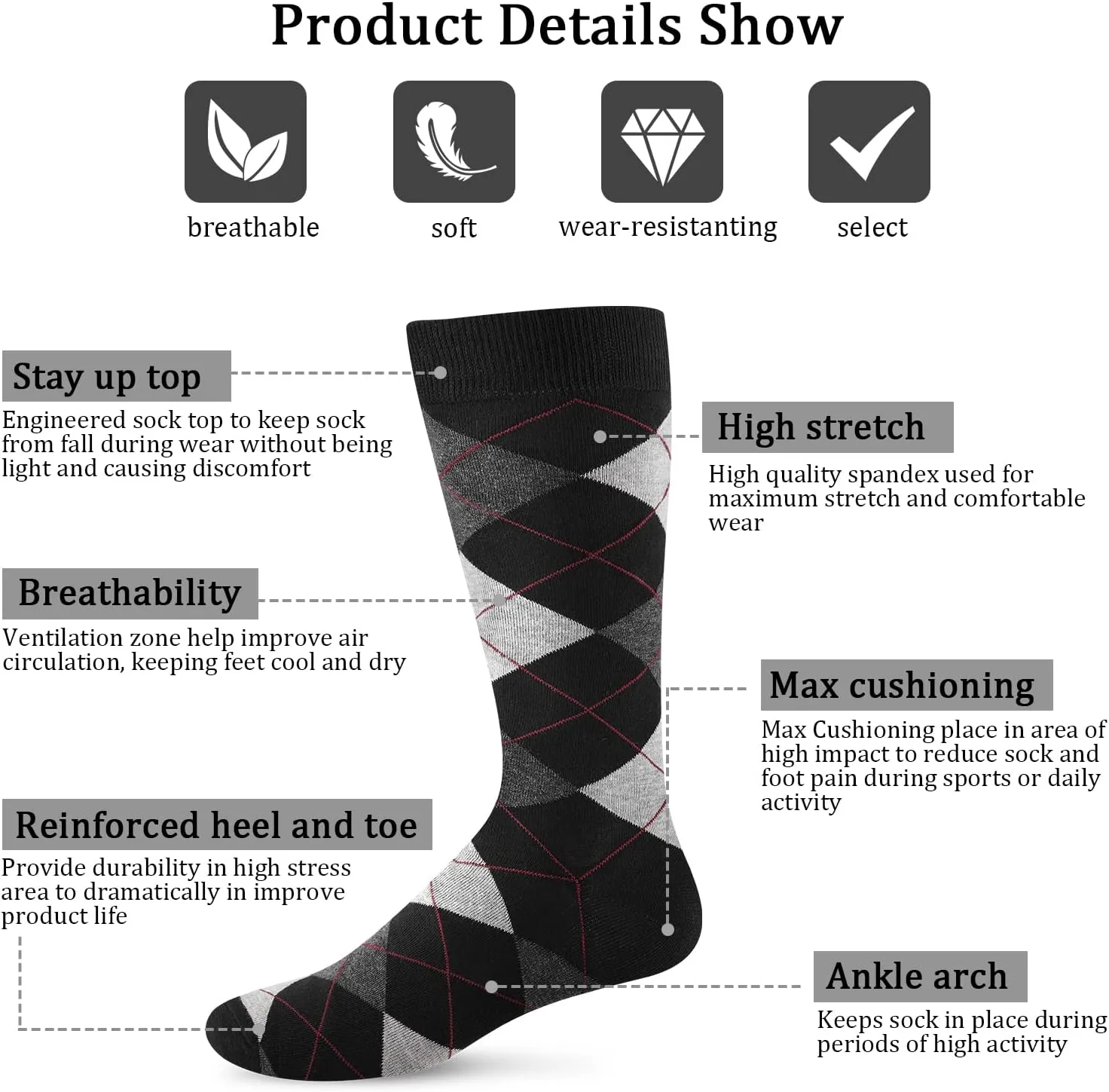 Yousu Mens Dress Socks Business Casual Solid Pattern Cotton Crew Sock 6 Pairs