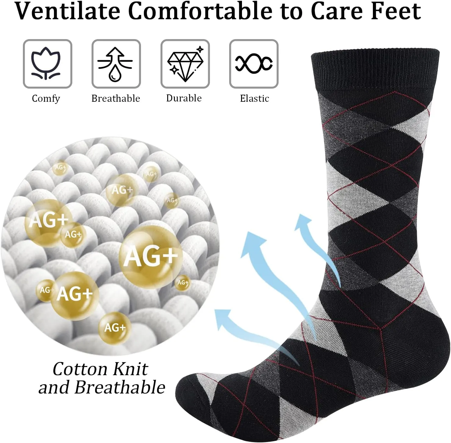 Yousu Mens Dress Socks Business Casual Solid Pattern Cotton Crew Sock 6 Pairs