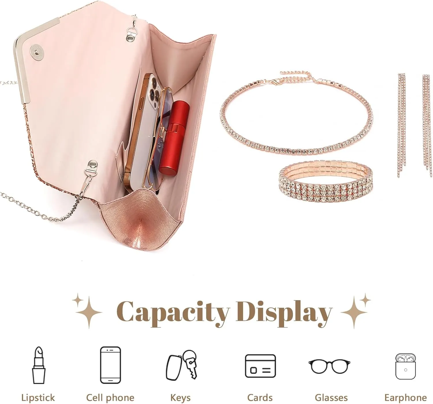YYW 4 Pieces Women Evening Handbags Clutch Purse Bag with Rhinestone Crystal Jewelry Set for Wedding Party