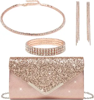 YYW 4 Pieces Women Evening Handbags Clutch Purse Bag with Rhinestone Crystal Jewelry Set for Wedding Party