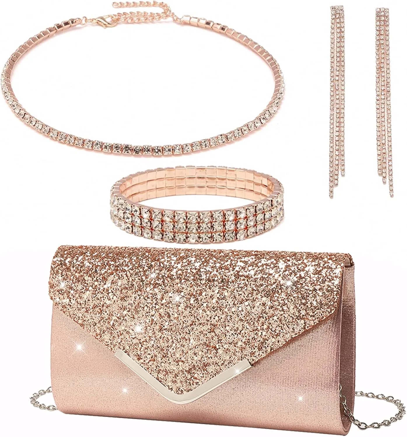 YYW 4 Pieces Women Evening Handbags Clutch Purse Bag with Rhinestone Crystal Jewelry Set for Wedding Party