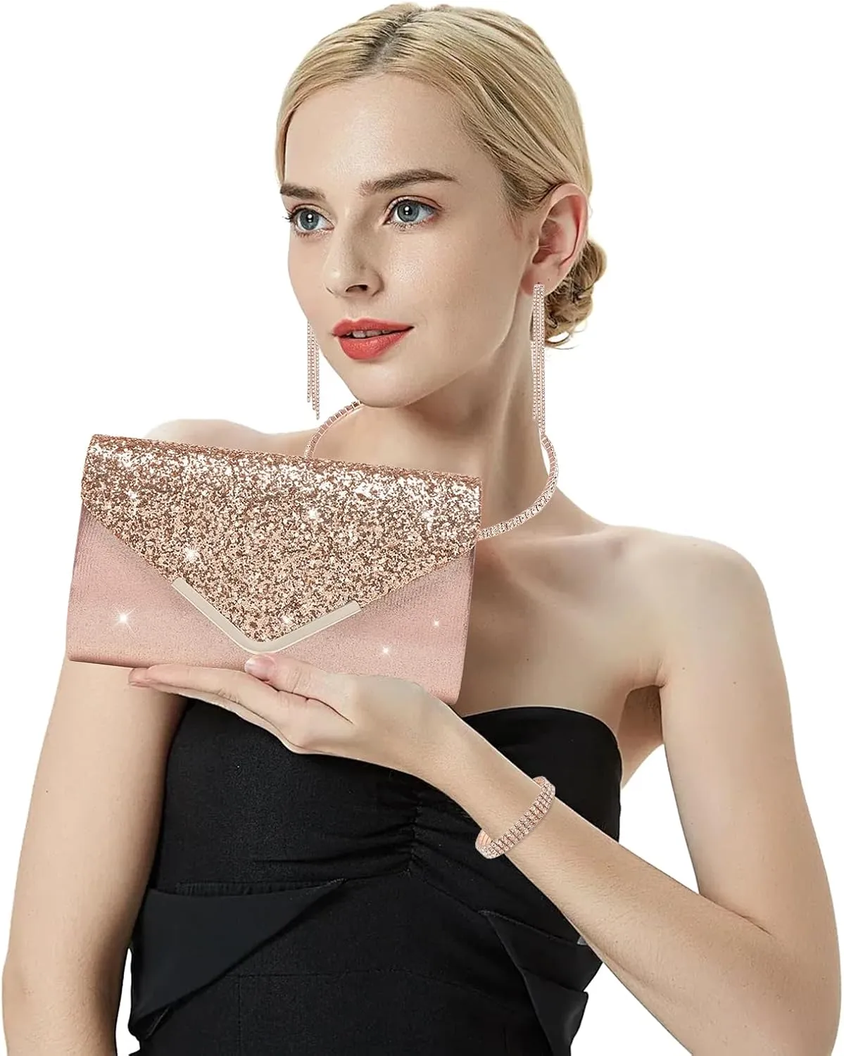 YYW 4 Pieces Women Evening Handbags Clutch Purse Bag with Rhinestone Crystal Jewelry Set for Wedding Party