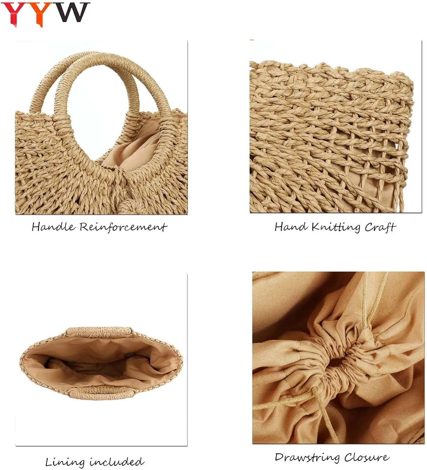 YYW Straw Bags for Women,Hand-woven Straw Top-handle Bag with Round Ring Handle Summer Beach Rattan Tote Handbag