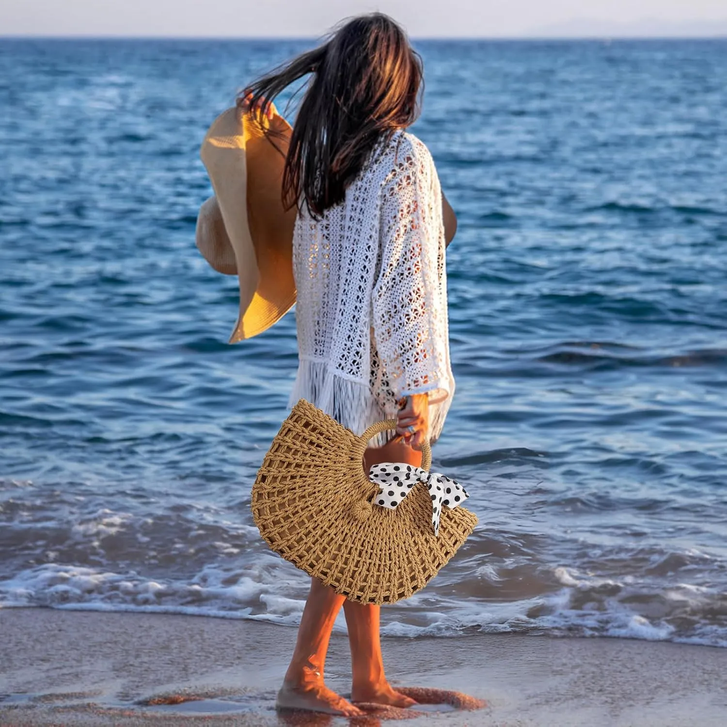 YYW Straw Bags for Women,Hand-woven Straw Top-handle Bag with Round Ring Handle Summer Beach Rattan Tote Handbag